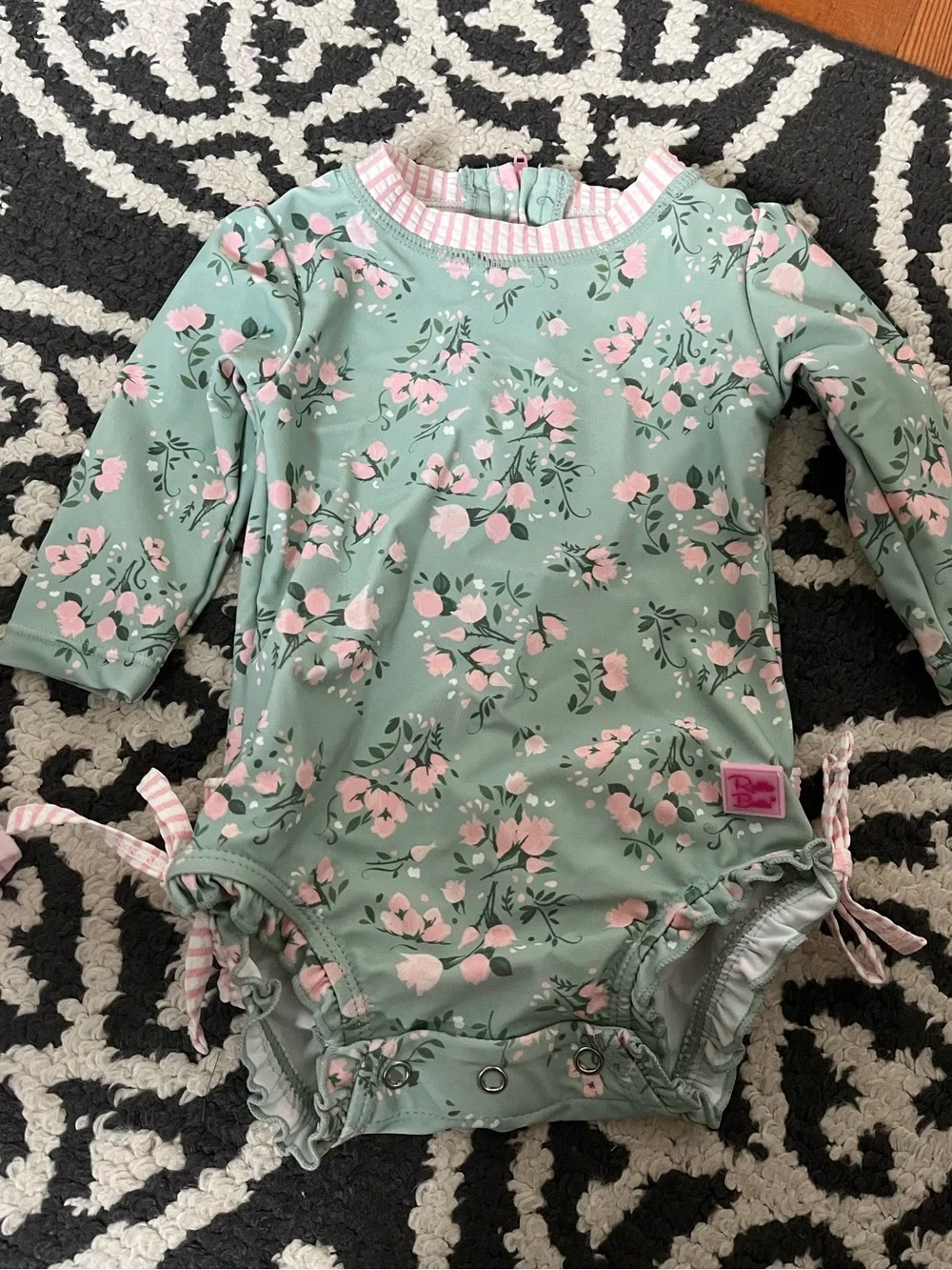 Ruffle Butts Mint Green Floral Long-Sleeve Swimsuit with Pink Accents